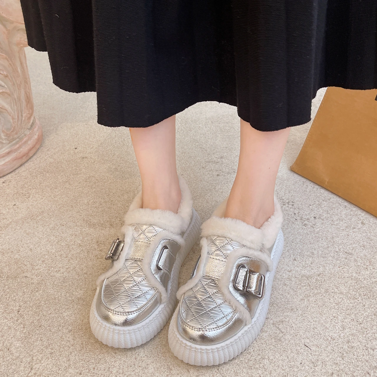 

Winter New Women's Low-top Plus Velvet Warm Cotton Casual Shoes Belt Buckle Student Ankle Boots for Girl Loafers