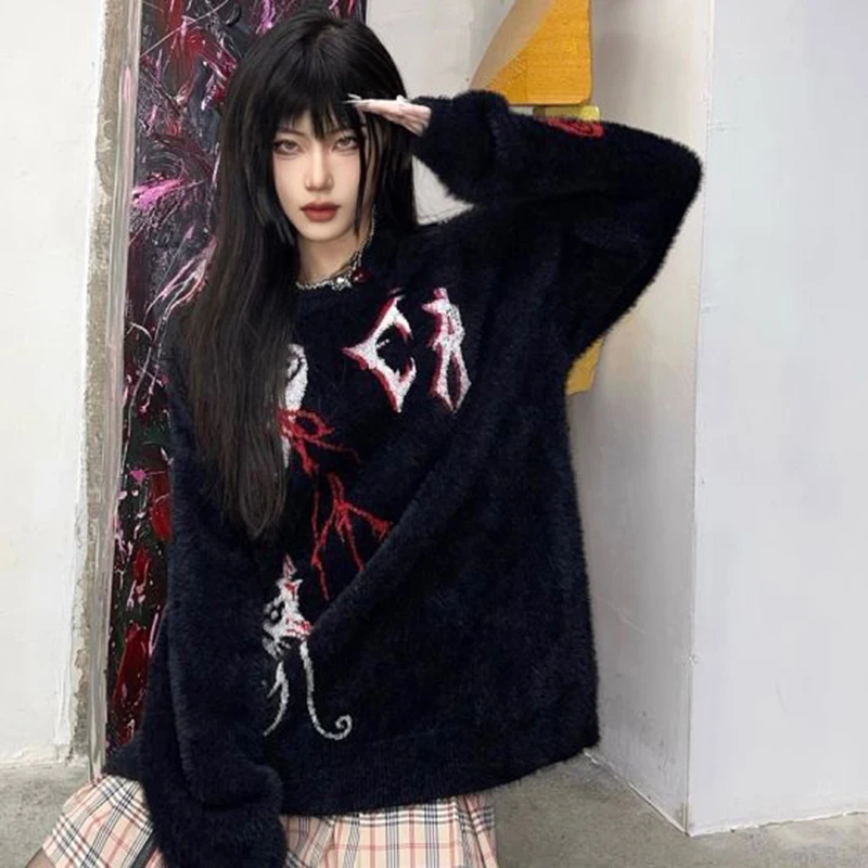 

Женский вязаный Свитер оверсайз, черный теплый пуловер свободного покроя в стиле панк и темного готика, Повседневная Уличная одежда, осень