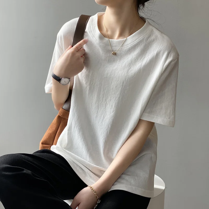 

2021 T-shirt Women's Summer Round Collar Short Sleeve Solid Color New Fashion Casual Comfortable Female Loose Pure Cotton Tops