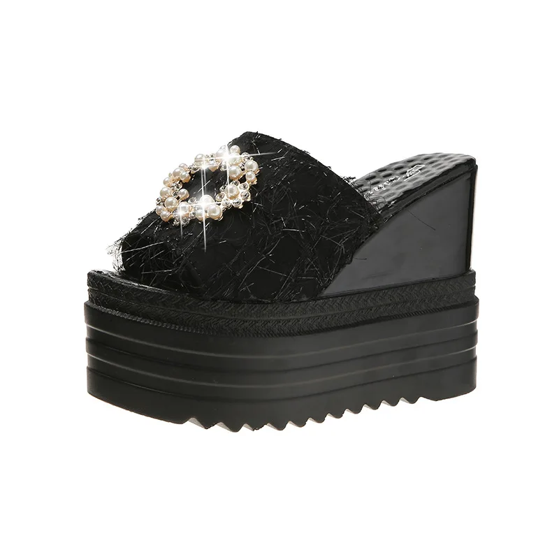

Peep Toe On A Wedge Slippers Casual Summer Women's Shoes Slides Platform Pantofle Heeled Mules Luxury 2021 High PU Fashion Fabri