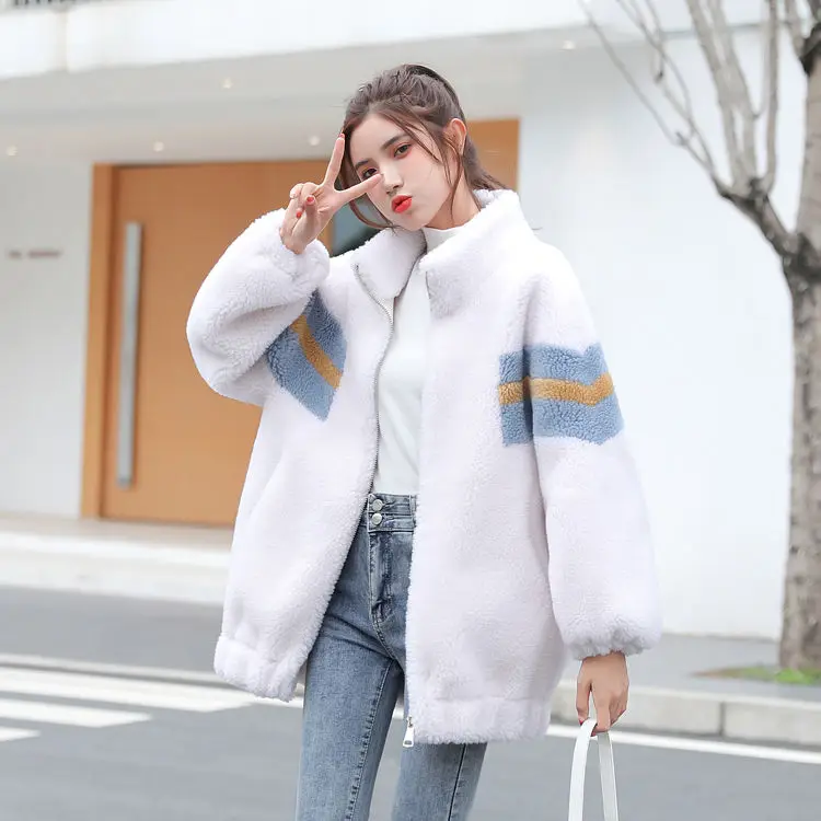 

VOOCIEC Autumn/Winter Women's Fashion Lamb Wool Coat Sweet Cute Girl Contrast Stitching Lamb Velvet Loose College Style Jacket
