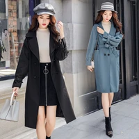 spring fashion female long windbreaker students wide waist loose women solid coat with sashes black blue for woman pocket