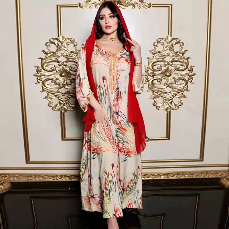 

Muslim Fashion Women Printed Dress Middle East Women's Arab Dubai Robe Abaya Indian Dress Women Islamic Clothing Hijab Dress