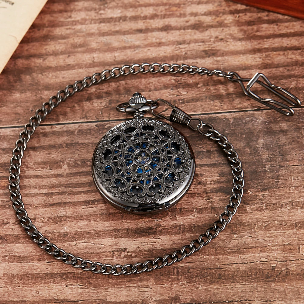 Classic Creative Men Women Mechanical Pocket Watch Hollow Carved Steampunk Ladies Clock Blue Roman Numeral Dial Chains Best Gift