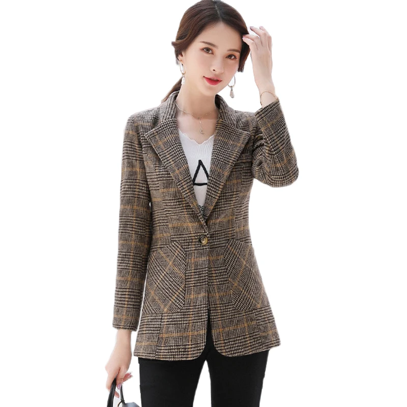 Женский офисный блейзер с английским воротником винтажный клетчатый пиджак на