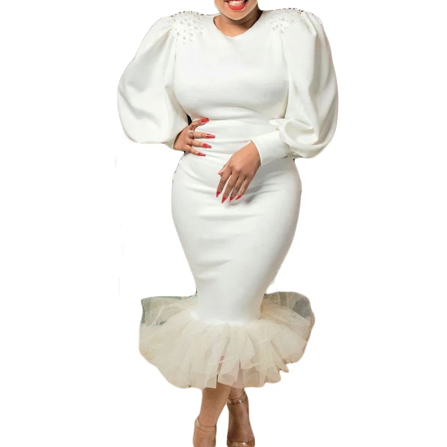 

2022 New Modest Dress Women Puff Sleeves Pearls Elegant Ladies Mermaid Dresses Party Ruffles Mesh Solid Mid-calf Length