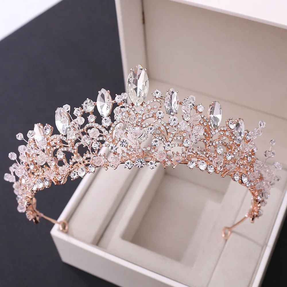 KMVEXO Handmade Crystal Bead Bridal Tiara Crown Rhinestone Pageant Prom Diadem Bride Headband Wedding Hair Accessories
