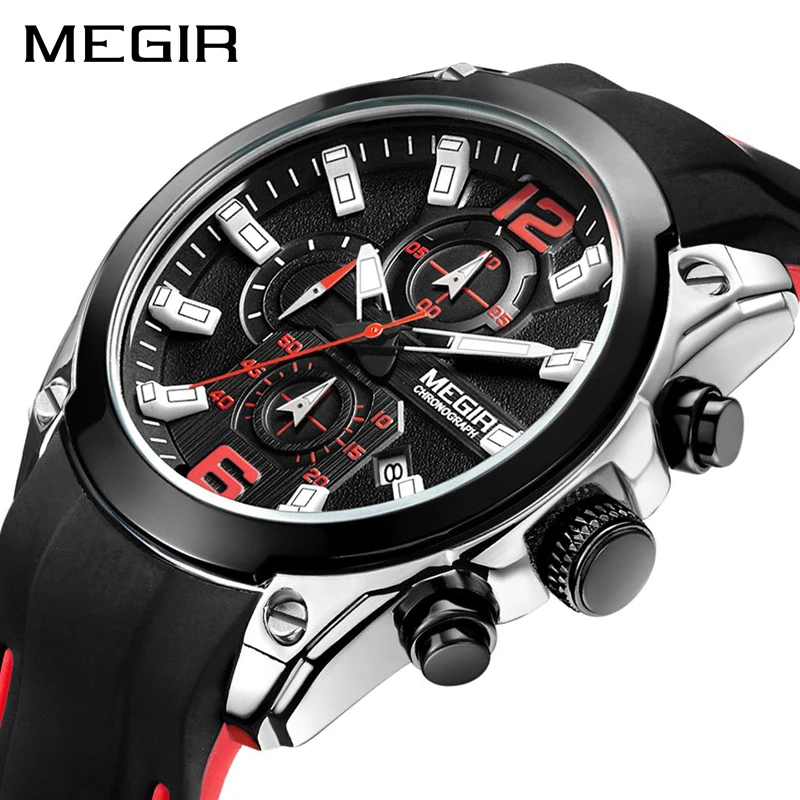

MEGIR Sports Mens Chronograph Analog Quartz Watch Silicone Strap Luminous Waterproof Date Chronograph Watches Relogio Masculino