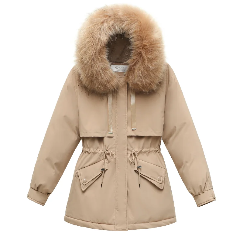 2021 Winter Women Down Jacket Parkas Female Long Coats Outwear Plus Size Streetwear Fur Collar Plus Velvet Thick Solid Overcoat