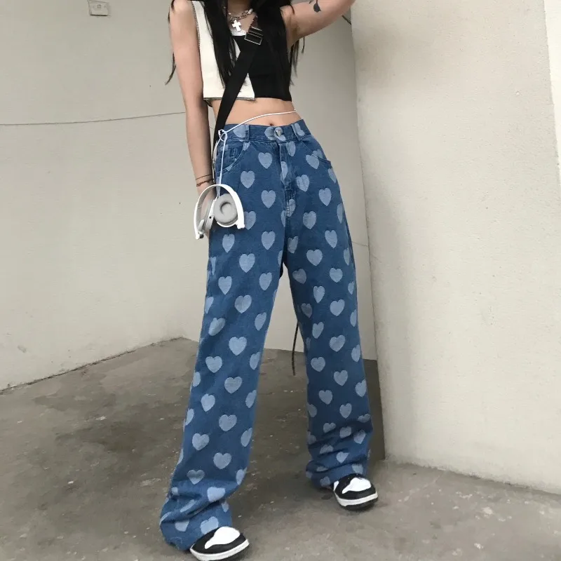 

Women's Jeans Vintage Heart Printed High Waist Denim Pants Baggy Casual Harajuku Aesthetic Mom Streetwear Y2k Wide Leg Trousers