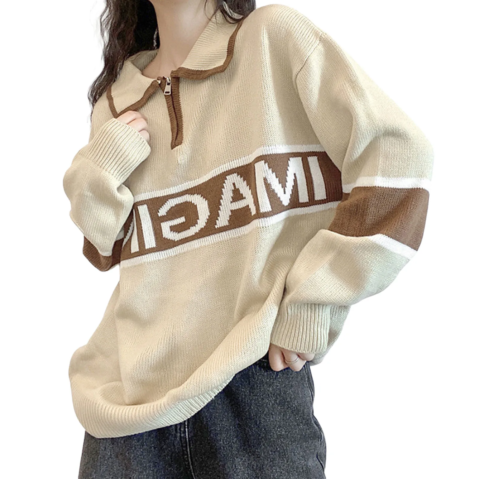 

Женский свободный трикотажный свитер, Повседневный пуловер цвета хаки с отложным воротником и надписью, весна-осень