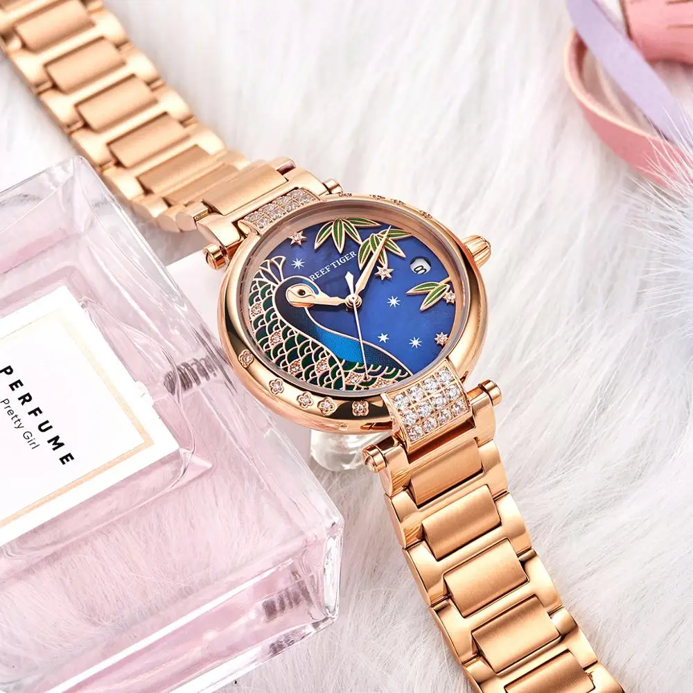 Reef Tiger/RT Top Brand Luxury Women Watch Rose Gold Bracelet Automatic Mechanical Shell Watches Clock RGA1587 enlarge