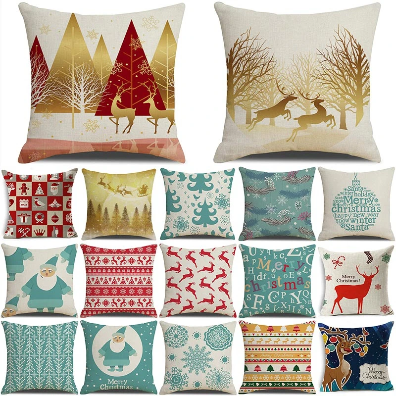 

1 шт., декоративная наволочка из хлопка и льна с рисунком рождественского оленя и Санта-Клауса, 40669