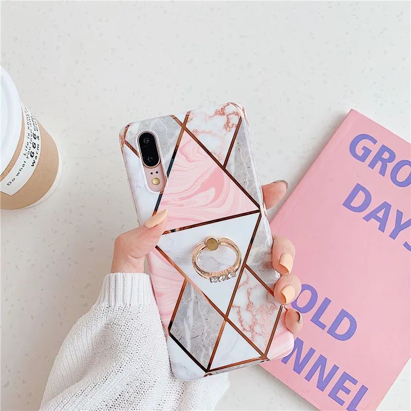 Lovebay New Phone Case For Huawei P30 P20 Pro Lite Mate 20 Soft IMD With Finger Ring Holder Geometric Marble Back Cover |