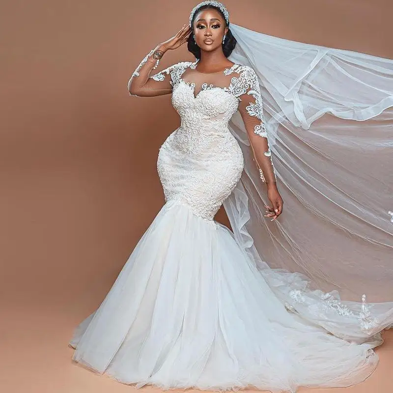 Beadding Pearls Plus Size Wedding Dresses African Sheer Neck Long Sleeves Bridal Dress vestidos de novia Without Veil