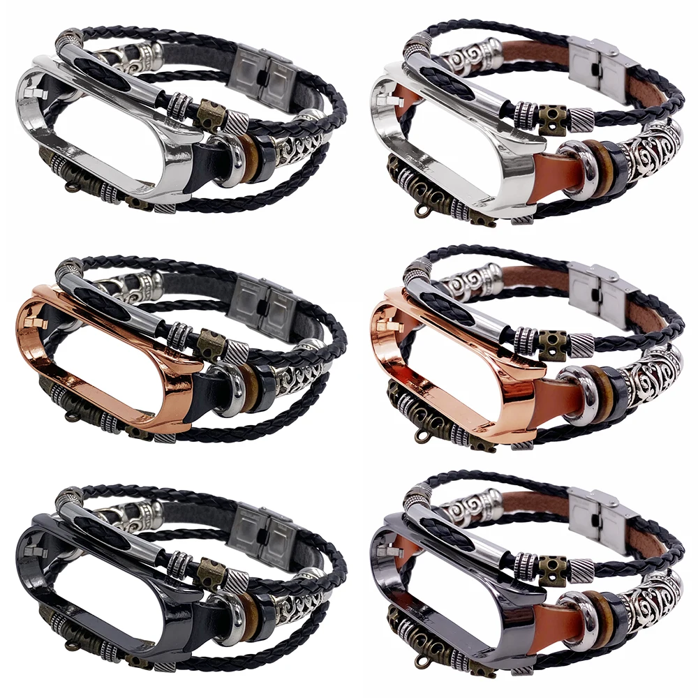 

Replacement Strap For Xiaomi Mi Band 5 / 5 NFC Ethnic Leather Beading Bracelet Strap Fashion Vintage Weave Watchbands For Men