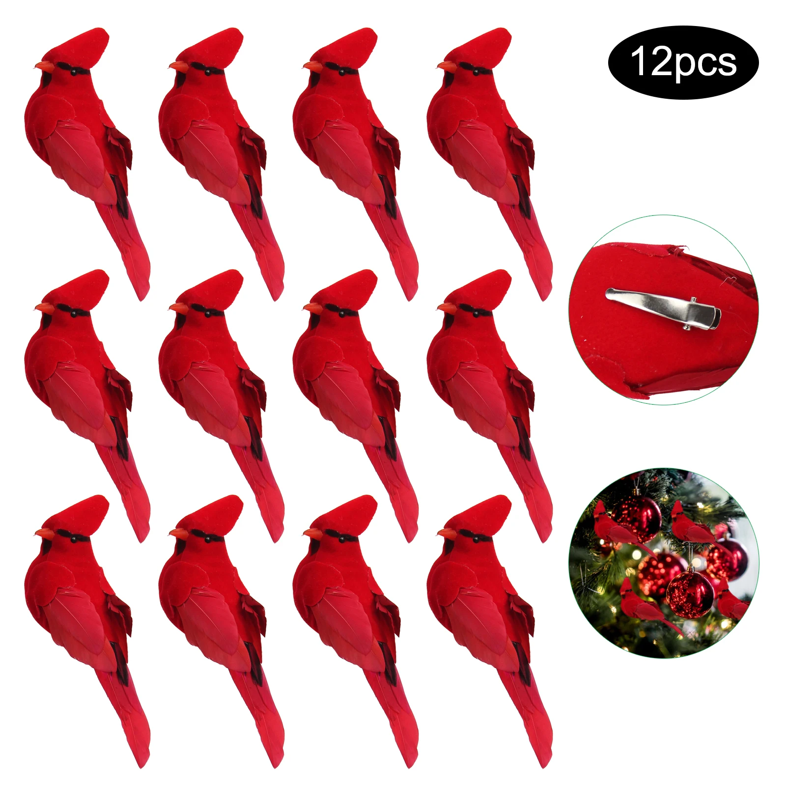 12 adet sahte kuşlar güzel kardinal klip noel ağacı süsleme köpük ve kadife kuşlar festivali parti dekor kırmızı kuşlar