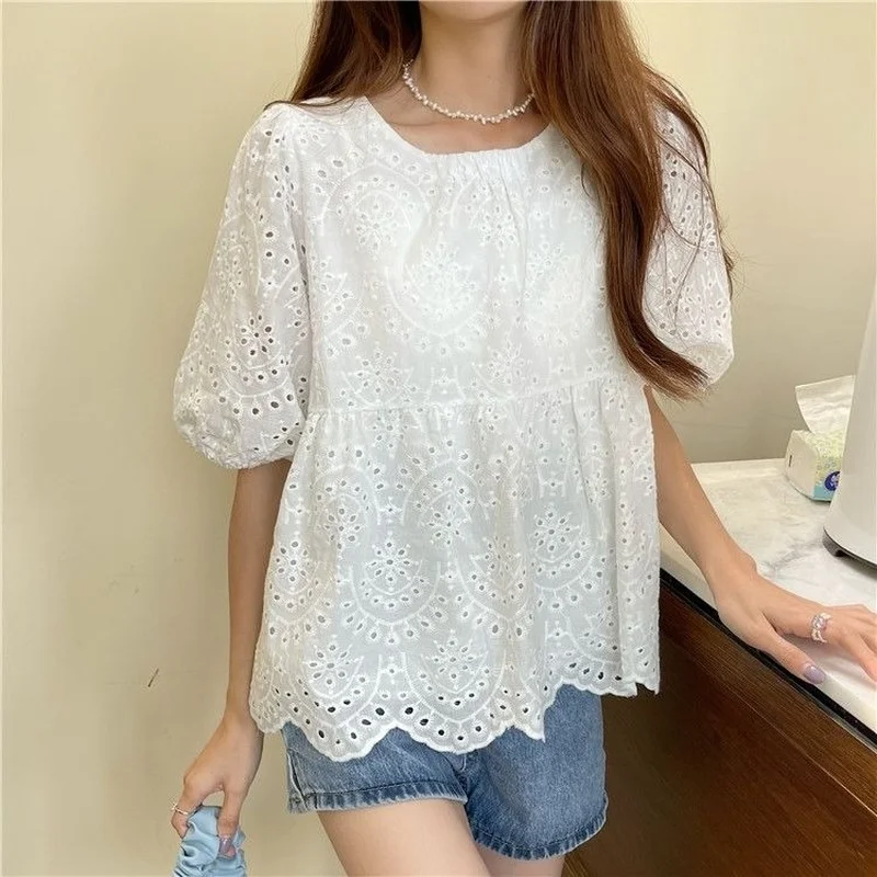 

Blouses Women O-Neck Solid Casual Hollow Out Lovely Students Sweet Comfortable Trendy Ulzzang Elegant Puff Sleeve Blusas Mujer
