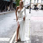 Вечернее платье-Русалка Sevintage, с одним открытым плечом, длинными расклешенными рукавами, с блестками, из мягкого сатина, с высоким разрезом, для выпускного, на свадьбу