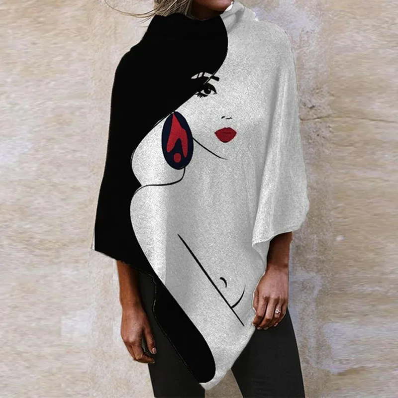 

2021 Spring Fashion Irregular Shawl Print Blouses Shirts Women Elegant O-Neck Long Tops Pullovers Ladies Casual Loose Streetwear