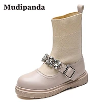 kids shoes ankle knit patent leather boots for children boy girl school shoe flat british style boot rhinestone princess shoes