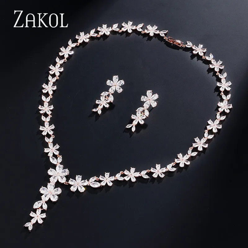 Rose Gold ZAKOL роскошный белый цветок форма полный кубический цирконий Дубай ювелирные наборы для женщин Свадебное платье невесты Аксессуары FSSP054 - Окраска металла: Rose Gold