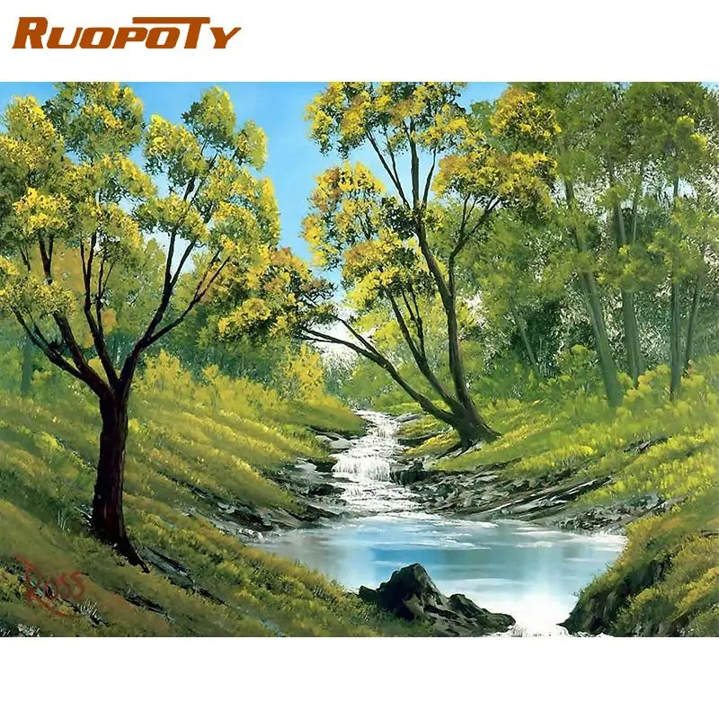 

RUOPOTY река деревья Набор для рисования по номерам для взрослых, 60x75 см рамка пейзаж картина по номерам Акриловая ручная работа стены искусств...