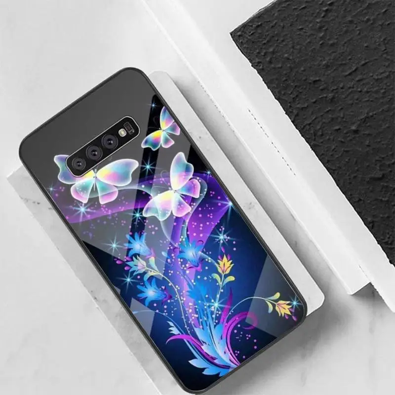 

Beautiful Butterfly Colorful butterfly Back Cover For Samsung Cases S20 Plus S10 NOTE 8 9 10 Tempered Glass Soft Silicone Edge