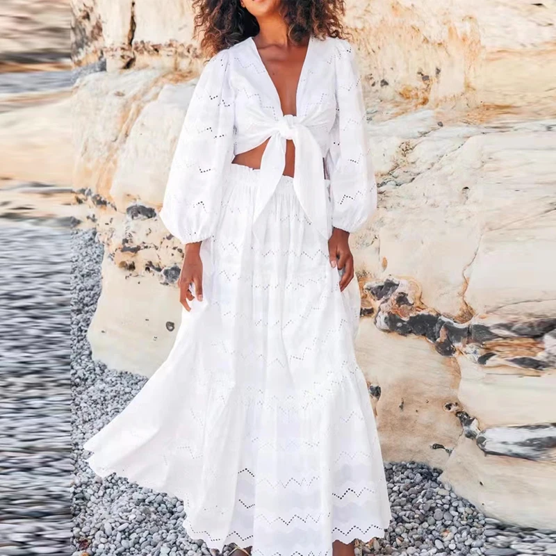 

Fashion Runway 2022 Spring Skirt Set Women White Green Hollow Out Belt Short Top+High Waist Skirt Holiday Party Set