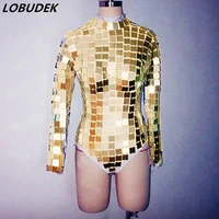 stage wear mirror bodysuit gold silver sequined long sleeve jumpsuit women nightclub dj singer dancer stage performance costume