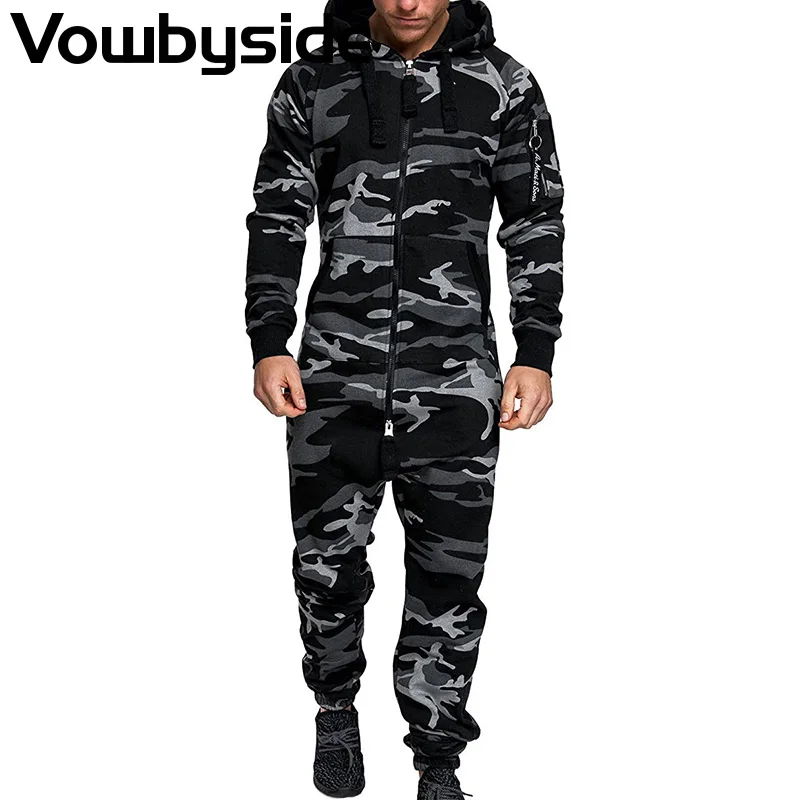 

Solid Zippper Front Pocket Design Fleece Hoooded Jumpsuits Mens Casual Autumn Winter Sweatsuits One Piece Overalls