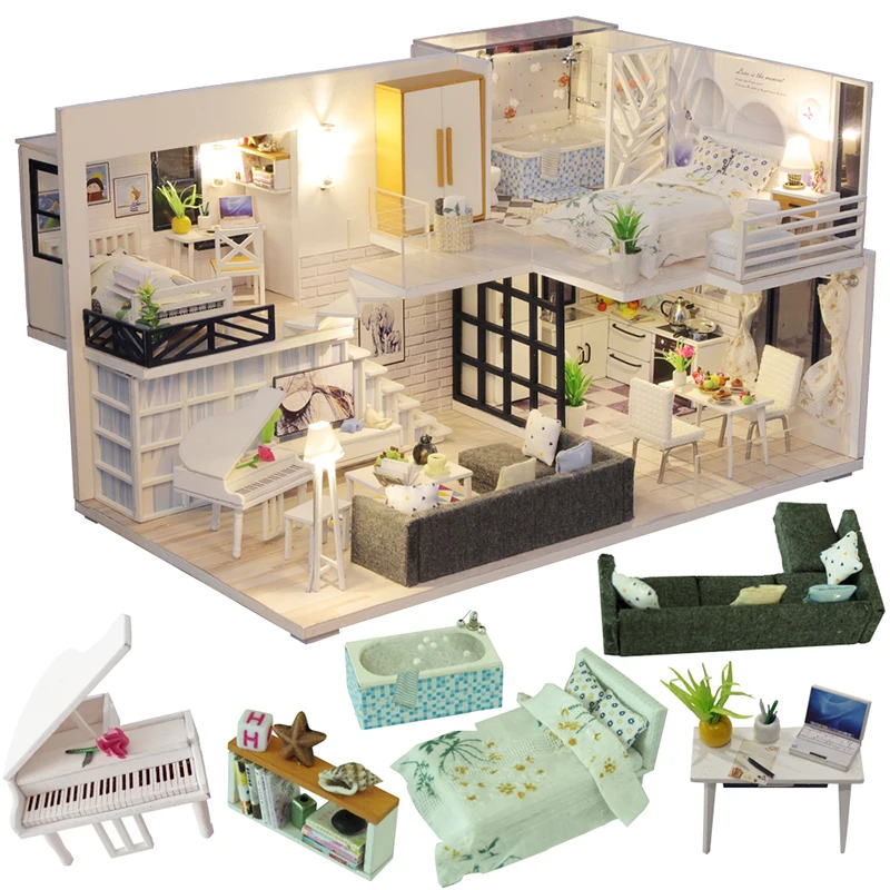 

DIY Dollhouse Wooden Doll Houses Miniature Doll House Furniture Kit Casa Music Led Toys for Children Birthday Gift M21