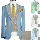 Мужской свадебный смокинг для жениха 3 предмета, приталенный деловой Блейзер, пиджак, клетчатый жилет и брюки, синего цвета