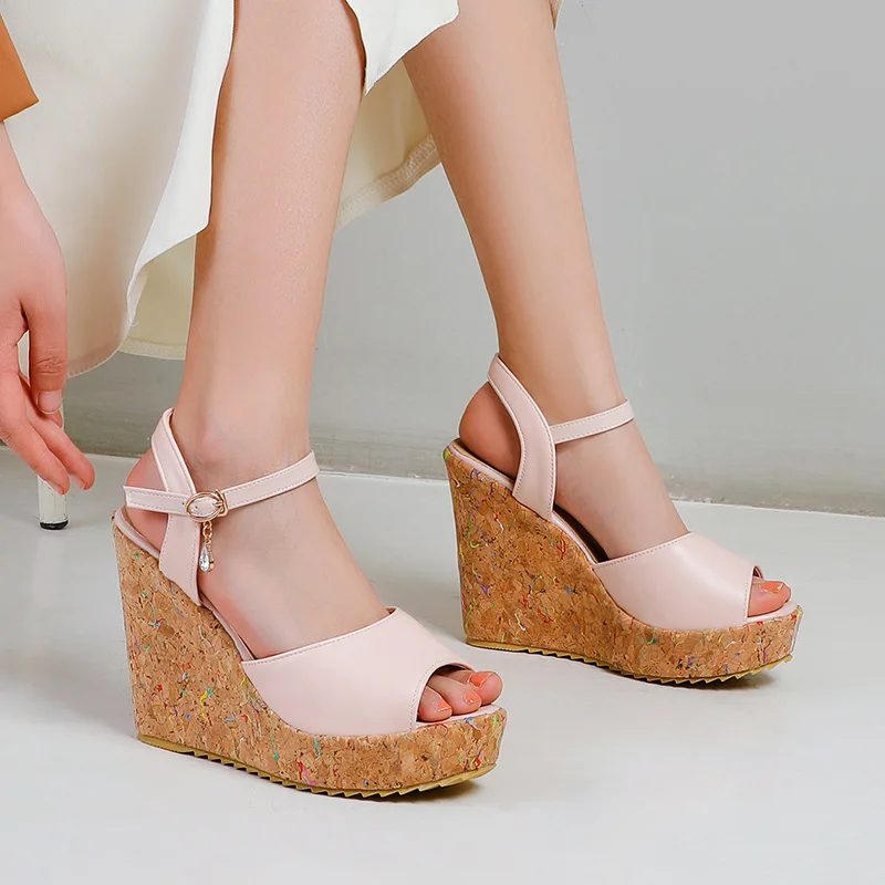 

Plus Size 43 Shoes for Women 2021 Summer New Handmade Peep Toe Platform Wedges 12cm Supper High Heels Modern Sandals Black Pink