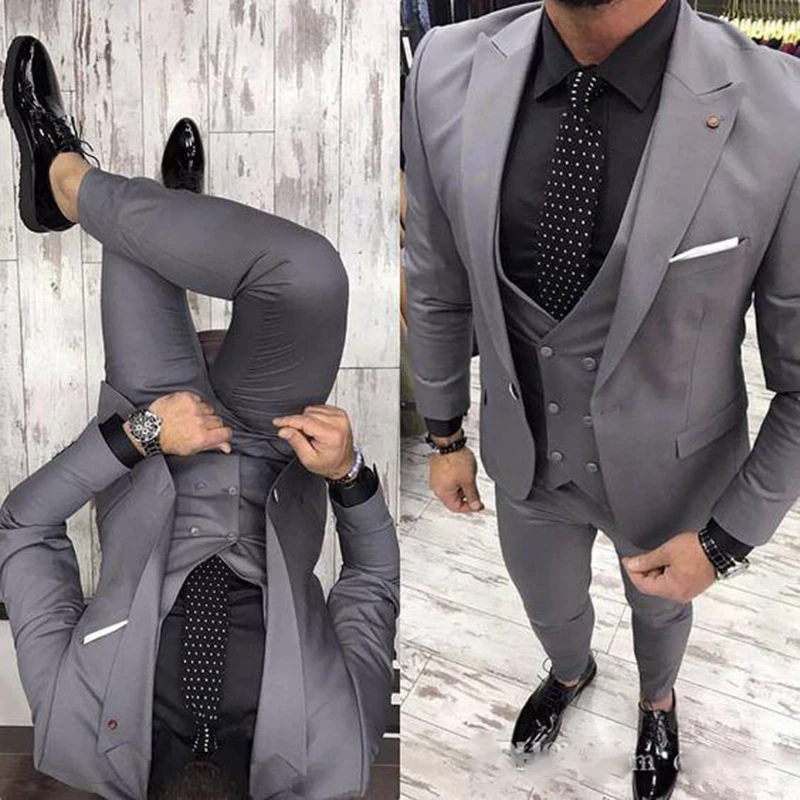 

Grey Men Suits for Wedding Lapel Gentle Groom Wear Slim Fit Groomsmen Wedding Tuxedos 3 Piece Jacket Pants Vest Best Man Blazer