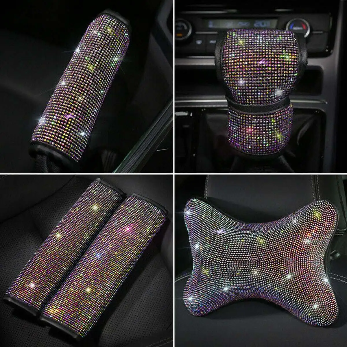 Universal Sparkle Bling Rhinestone Steering Wheel Cover Center Console Cushion Headrest Pillows Car Interior Protection Case Set |