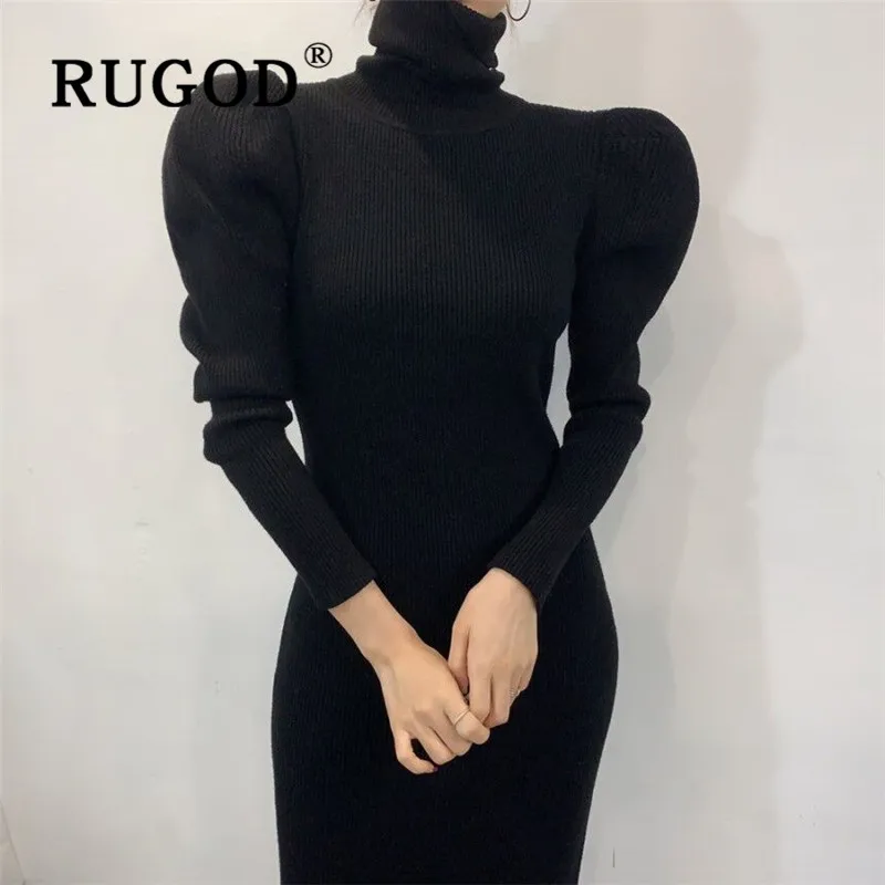 Женское винтажное длинное платье RUGOD однотонное Облегающее вязаное с высоким