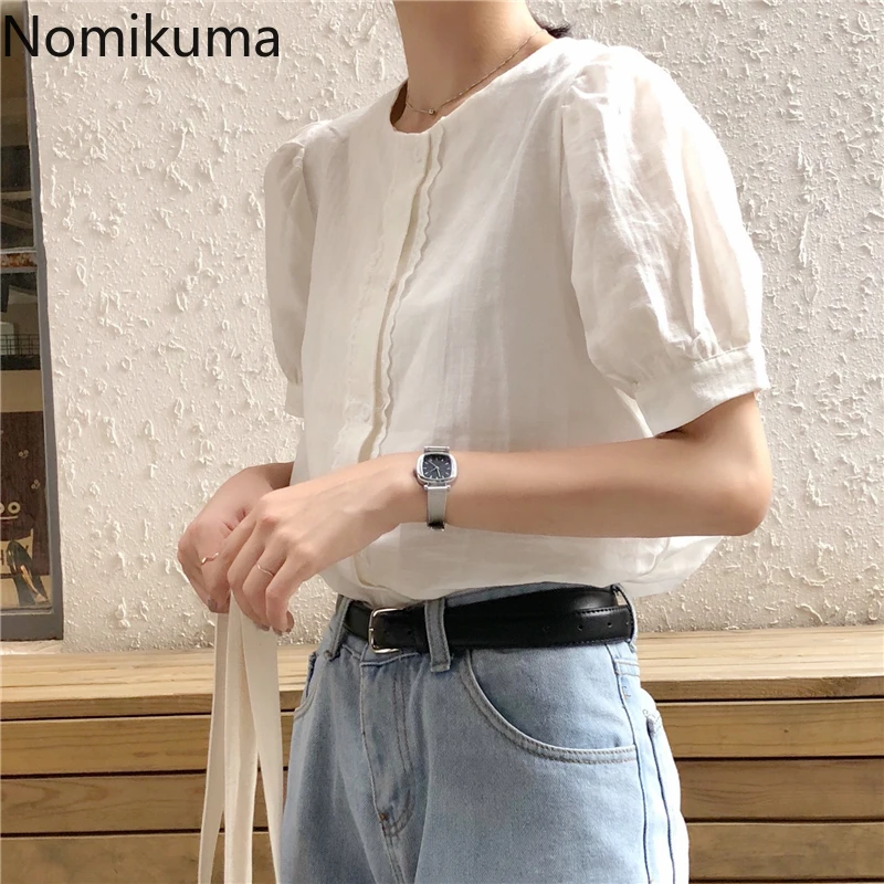 Nomikuma хлопковые льняные рубашки с буфами на рукавах для женщин Большие размеры