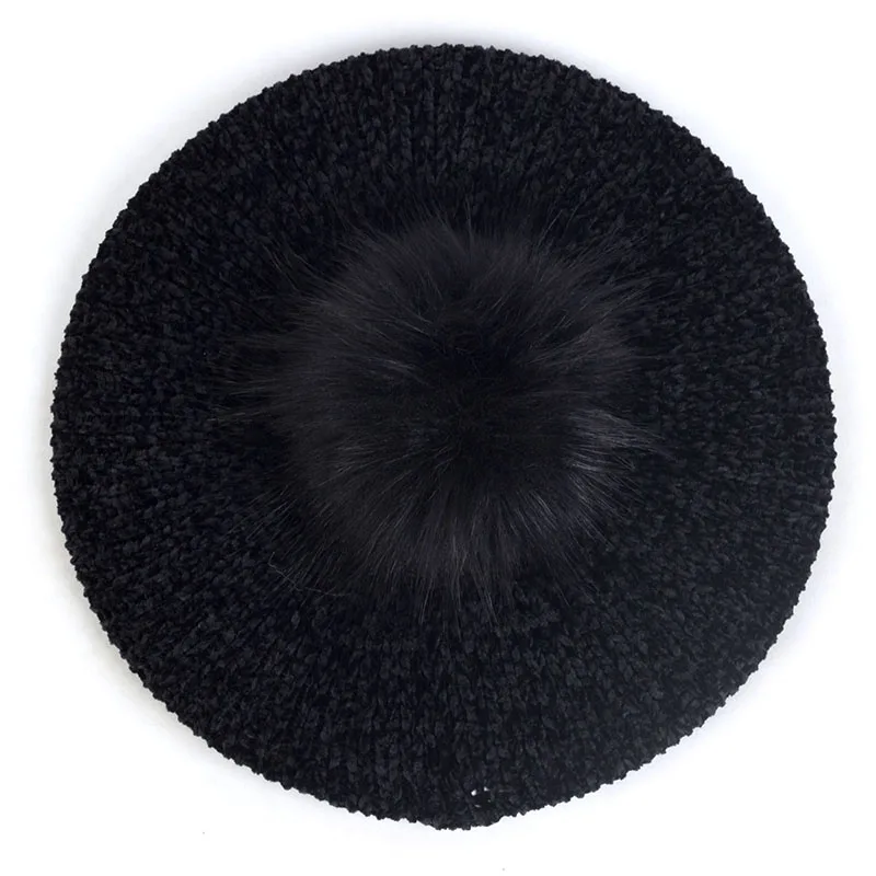 Black12 Женские Модные береты с помпон из искуственного меха Pom Chenille мягкие зимние теплые шапки женские французские художники берет шапки для волос Повседневная шапка - Цвет: Black12