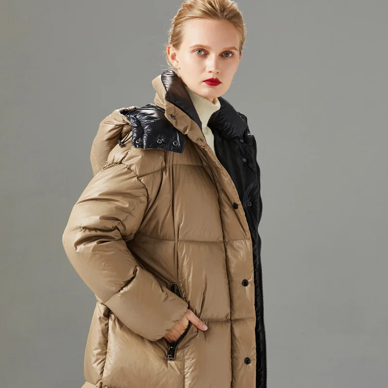 Женский пуховик с капюшоном теплый длинный на белом утином пуху защитой от ветра