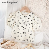 mudkingdom girls t shirts puff short sleeve floral linen cotton shirt for kids single breasted crew neck children clothing