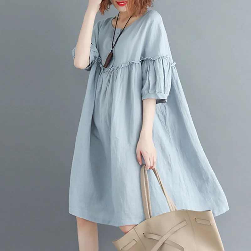 Женское винтажное платье с коротким рукавом круглым вырезом и воланом | Женская