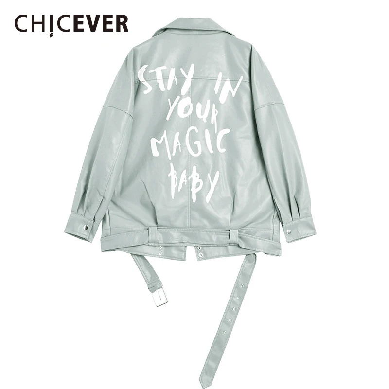 

CHICEVER Casual Letter Graphic PU Leather Jacket For Women Lapel Long Sleeve Zipper Loose Women's Autumn Coat 2021 Clothing New