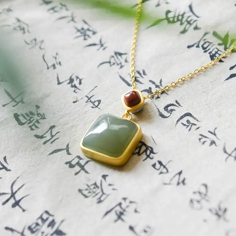 

Natural Hetian Jade Green Jade S925 Sterling Silver Pendant Square Jade Necklace Simple Retro Gilding Craft Silver Jewelry