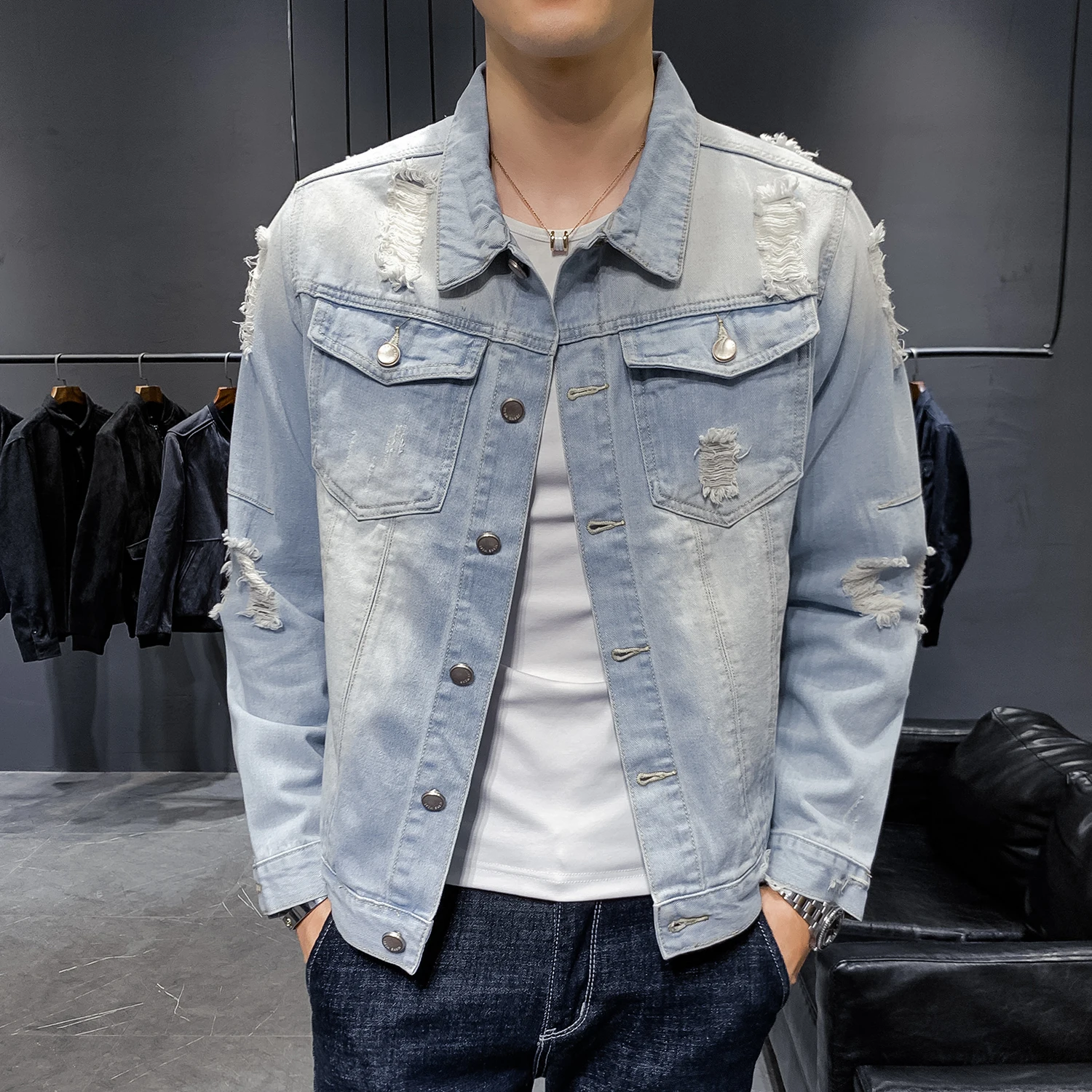 

Мужская джинсовая куртка с отворотами, приталенная куртка из денима с дырками, осень 2019