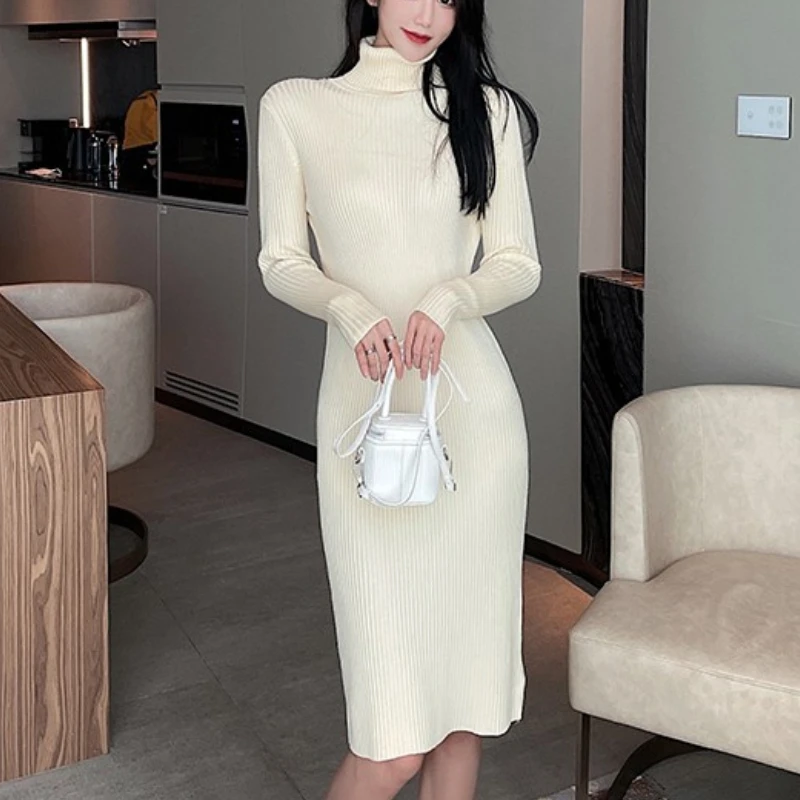 Женское трикотажное платье-свитер с высоким воротником | Женская одежда