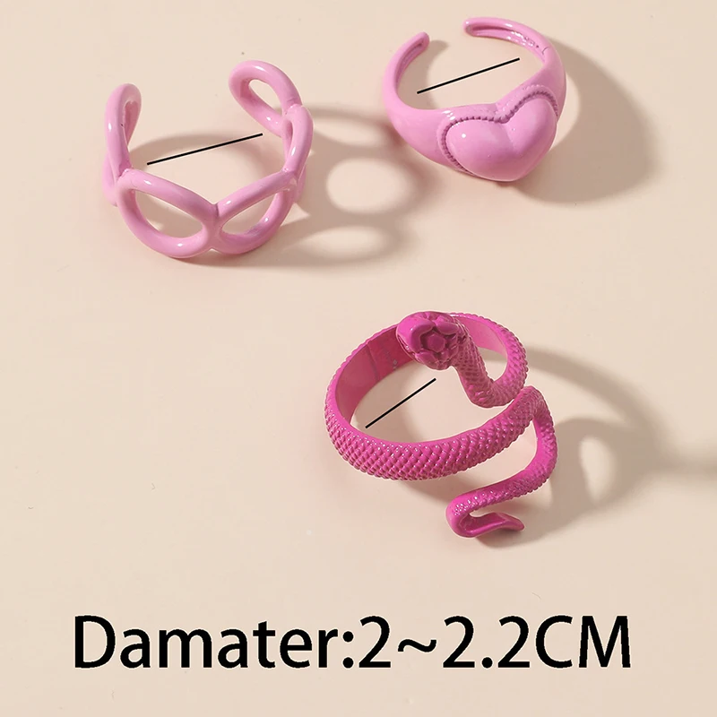 3Pcs/Set Vintage Snake Open Ring Set For Women Pink Color Heart Personality Fidget Girls Simple Hollow Ladies Cuff - купить по