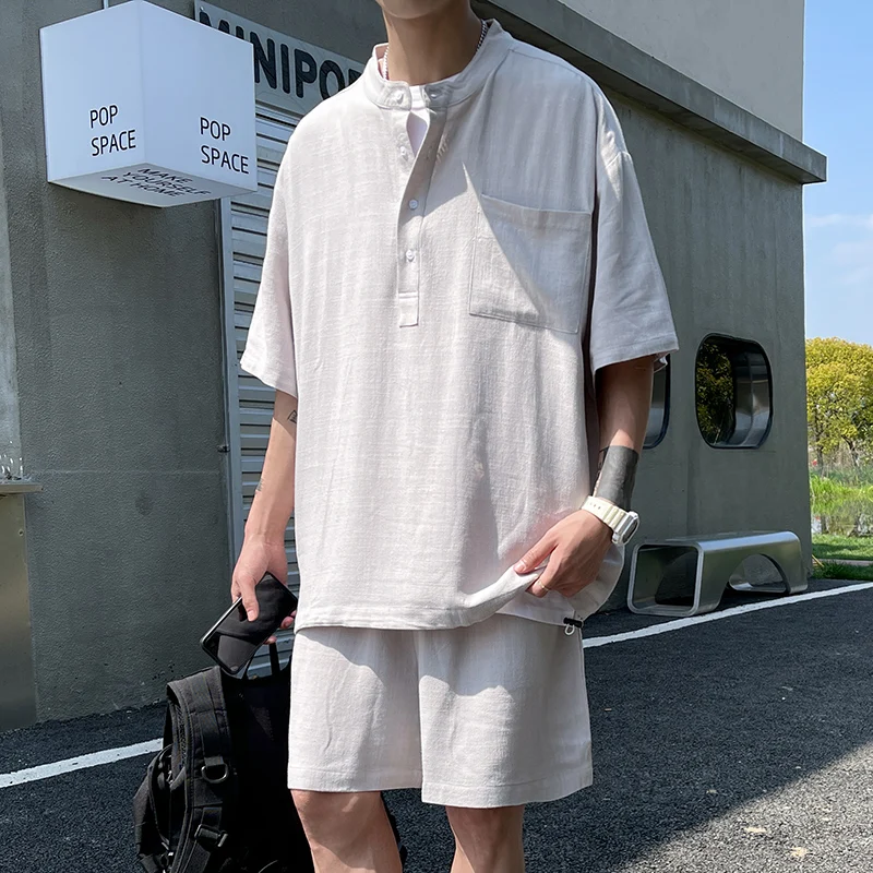 

Fashion 2021 Summer Short Sleeve Linen T-Shirts Men Sets Simple Stand Collar Breathable Loose Casual Tee Shirt Homme + Shorts