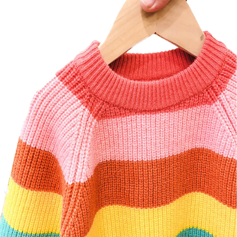 Детский свитер в радужную полоску вязаный для мальчиков и девочек теплая