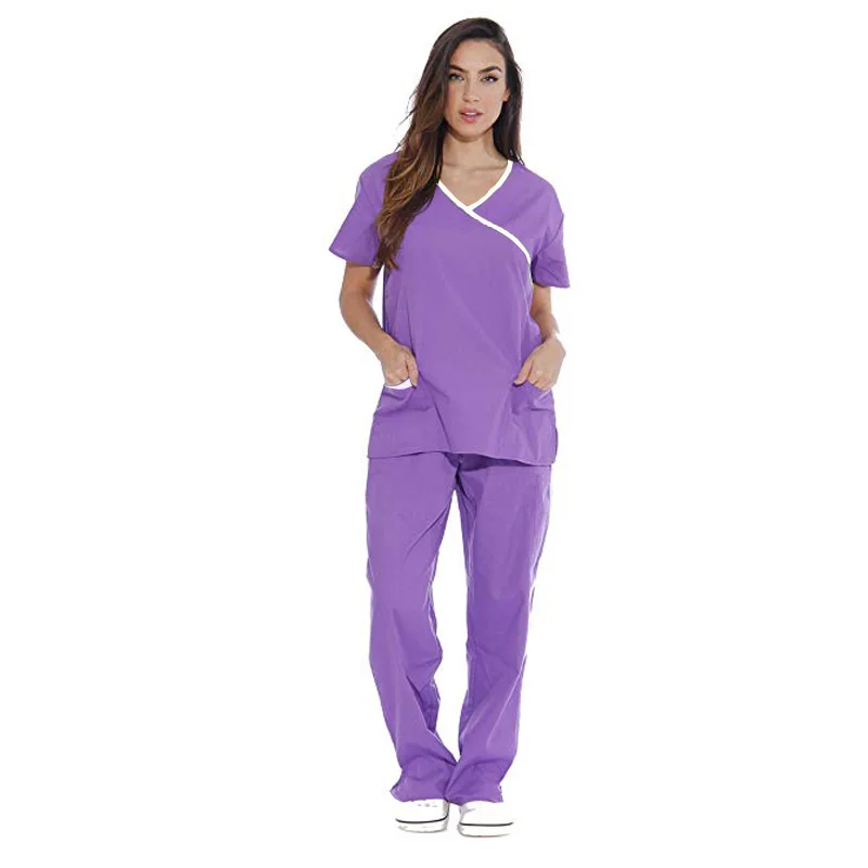 light purple SET Новые медицинские скрабы с коротким рукавом Макет Обертывание Скраб Enfermagem без морщин боковое отверстие униформа медсестры топ+ брюки санитара - Цвет: light purple SET